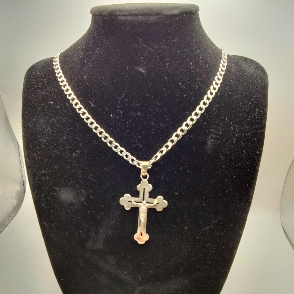 New Handmade Sterling Silver 925 Curb Link Chain 25.5 inch 20.88g Taxco Cross